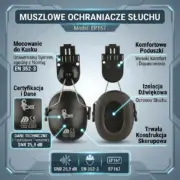 Ochronniki słuchu do kasku EP-167 - infografika produktowa prezentująca dwie czarne czasze z adapterami, widok z przodu na zewnętrzną skorupę z logo CXS i certyfikatami oraz widok na wewnętrzną poduszkę uszczelniającą, otoczone ramkami z opisami technicznymi - na szaro-niebieskim tle z technicznymi motywami.