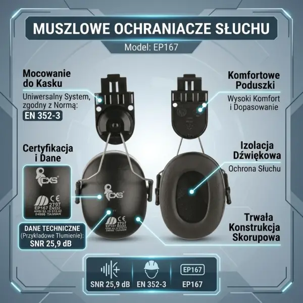 Ochronniki słuchu do kasku EP-167 - infografika produktowa prezentująca dwie czarne czasze z adapterami, widok z przodu na zewnętrzną skorupę z logo CXS i certyfikatami oraz widok na wewnętrzną poduszkę uszczelniającą, otoczone ramkami z opisami technicznymi - na szaro-niebieskim tle z technicznymi motywami.