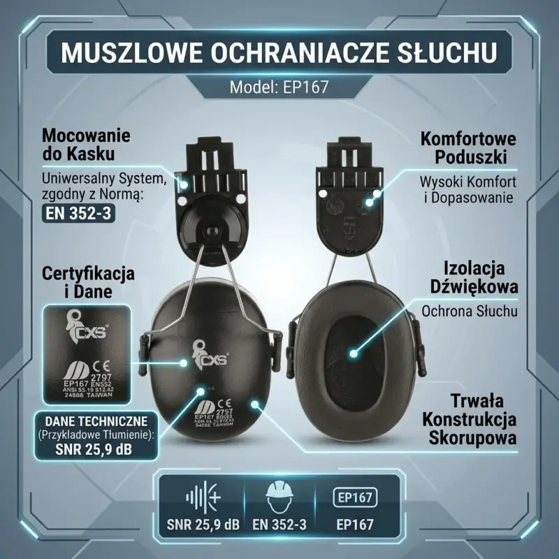 Ochronniki słuchu do kasku EP-167 - infografika produktowa prezentująca dwie czarne czasze z adapterami, widok z przodu na zewnętrzną skorupę z logo CXS i certyfikatami oraz widok na wewnętrzną poduszkę uszczelniającą, otoczone ramkami z opisami technicznymi - na szaro-niebieskim tle z technicznymi motywami.
