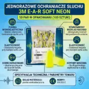 Jednorazowe ochraniacze słuchu 3M E-A-R Soft Neon - infografika produktowa prezentująca zbiorcze opakowanie foliowe z żółtymi wkładkami oraz dwie sztuki luzem na pierwszym planie, otoczone ikonami i opisami właściwości technicznych - na gradientowym, niebiesko-żółtym tle z motywem fal dźwiękowych.