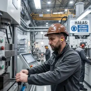 Jednorazowe wkładki przeciwhałasowe 3M E-A-R Soft Neon umieszczone w uchu pracownika w brązowym kasku, który z profilu obsługuje panel maszyny, na tle hali przemysłowej ze znakiem ostrzegawczym przed hałasem.