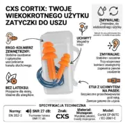 JEDNORAZOWE ZATYCZKI CORTIX EP-06TC EC-2 - pomarańczowe wkładki przeciwhałasowe z niebieskim sznurkiem i przezroczystym etui, przedstawione na infografice z ikonami, opisem cech oraz specyfikacją techniczną - wycięte na białym tle studyjnym.