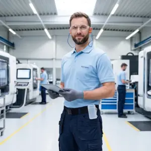 JEDNORAZOWE ZATYCZKI CORTIX EP-06TC EC-2 - pomarańczowe wkładki przeciwhałasowe z niebieskim sznurkiem założone przez pracownika w okularach ochronnych i rękawicach, trzymającego tablet, z przezroczystym etui przypiętym do paska - na tle jasnej, nowoczesnej hali produkcyjnej z maszynami