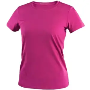 Różowa koszulka t-shirt damska Movado CXS - widok z przodu na taliowany fason z krótkim rękawem i widocznymi perforowanymi strefami wentylacyjnymi po bokach - wycięte na białym tle studyjnym.