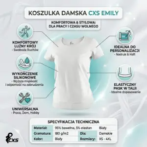 Damski t-shirt CXS Emily w kolorze białym - infografika produktowa ukazująca przód koszulki otoczony ikonami opisującymi cechy, takie jak luźny krój i silikonowe wykończenie, oraz dolną tabelą specyfikacji technicznej - na jasnym tle z motywem fal