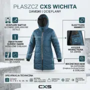Kurtka zimowa damska CXS WICHITA - grafika informacyjna ukazująca przód niebieskiego płaszcza z opisem detali (ocieplany kaptur, dwustronny zamek, elastyczne mankiety, boczne rozcięcia) oraz panelem specyfikacji technicznej - na tle ośnieżonych betonowych bloków