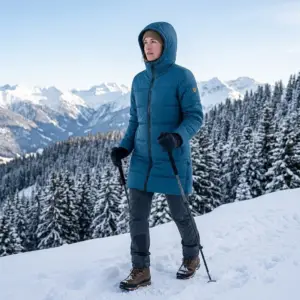 Kurtka zimowa damska Wichita - kobieta w długim, pikowanym niebieskim płaszczu z założonym kapturem, idąca z kijkami trekkingowymi, ujęcie całej sylwetki pod kątem - zimowy krajobraz górski z ośnieżonymi drzewami w tle.