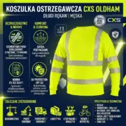 Koszulka ostrzegawcza CXS Oldham żółta - męski model z długim rękawem i segmentowymi taśmami odblaskowymi, widok z przodu - na grafice informacyjnej z ciemnogranatowym tłem, ikonami specyfikacji technicznej, norm bezpieczeństwa i zalecanego zastosowania