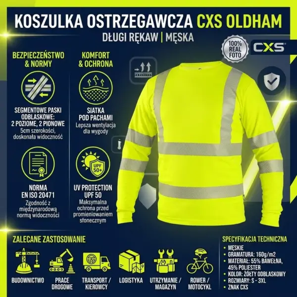 Koszulka ostrzegawcza CXS Oldham żółta - męski model z długim rękawem i segmentowymi taśmami odblaskowymi, widok z przodu - na grafice informacyjnej z ciemnogranatowym tłem, ikonami specyfikacji technicznej, norm bezpieczeństwa i zalecanego zastosowania