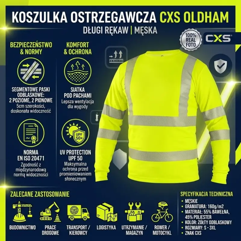 Koszulka ostrzegawcza CXS Oldham żółta - męski model z długim rękawem i segmentowymi taśmami odblaskowymi, widok z przodu - na grafice informacyjnej z ciemnogranatowym tłem, ikonami specyfikacji technicznej, norm bezpieczeństwa i zalecanego zastosowania