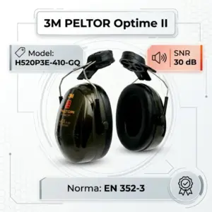 Ochronniki słuchu 3M PELTOR Optime II H520P3E - ciemnozielone czasze z czarnymi poduszkami i uchwytami do hełmu, ukazane z profilu i od wewnątrz otoczone etykietami z parametrami (SNR 30 dB, norma EN 352-3) - na jasnym tle z geometrycznym wzorem