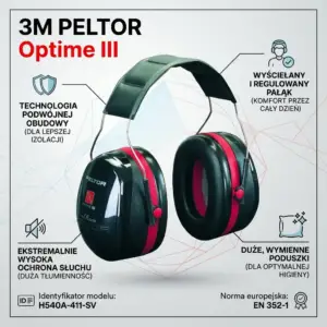 Nauszniki przeciwhałasowe Peltor Optime III H540A - czarno-czerwone ochronniki słuchu ukazane pod kątem na infografice z ikonami i opisami kluczowych cech, takich jak podwójna obudowa i regulowany pałąk - na jasnoszarym tle z geometrycznymi liniami.
