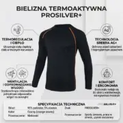 PROSILVER BLUZKA TERMO - czarna z długim rękawem i pomarańczowymi szwami raglanowymi, wyeksponowana centralnie w otoczeniu okrągłych ikon informacyjnych (termoregulacja, jony srebra Ag+, wentylacja, komfort) oraz tabeli ze specyfikacją techniczną - grafika produktowa na jasnym tle studyjnym.