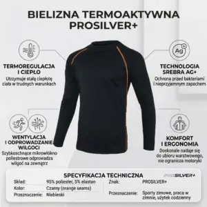 PROSILVER BLUZKA TERMO - czarna z długim rękawem i pomarańczowymi szwami raglanowymi, wyeksponowana centralnie w otoczeniu okrągłych ikon informacyjnych (termoregulacja, jony srebra Ag+, wentylacja, komfort) oraz tabeli ze specyfikacją techniczną - grafika produktowa na jasnym tle studyjnym.