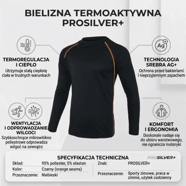 PROSILVER BLUZKA TERMO - czarna z długim rękawem i pomarańczowymi szwami raglanowymi, wyeksponowana centralnie w otoczeniu okrągłych ikon informacyjnych (termoregulacja, jony srebra Ag+, wentylacja, komfort) oraz tabeli ze specyfikacją techniczną - grafika produktowa na jasnym tle studyjnym.
