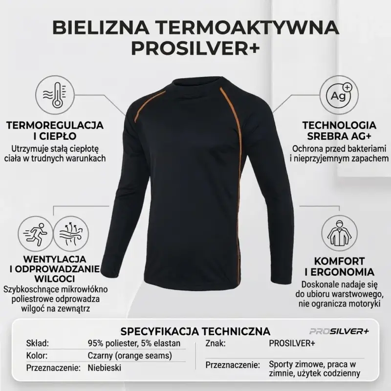 PROSILVER BLUZKA TERMO - czarna z długim rękawem i pomarańczowymi szwami raglanowymi, wyeksponowana centralnie w otoczeniu okrągłych ikon informacyjnych (termoregulacja, jony srebra Ag+, wentylacja, komfort) oraz tabeli ze specyfikacją techniczną - grafika produktowa na jasnym tle studyjnym.