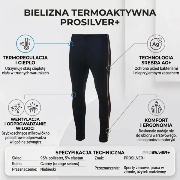 PROSILVER SPODNIE TERMO - czarne kalesony z pomarańczowymi szwami zaprezentowane na infografice z ikonami właściwości materiału i tabelą specyfikacji technicznej - na jasnym tle studyjnym