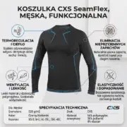 SEAMFLEX BLUZKA TERMO - czarna z niebieskimi szwami, widok z przodu na niewidocznym manekinie, zaprezentowana w formie infografiki z ikonami opisującymi właściwości oraz tabelą specyfikacji technicznej na dole - na jasnym tle