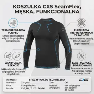 SEAMFLEX BLUZKA TERMO - czarna z niebieskimi szwami, widok z przodu na niewidocznym manekinie, zaprezentowana w formie infografiki z ikonami opisującymi właściwości oraz tabelą specyfikacji technicznej na dole - na jasnym tle