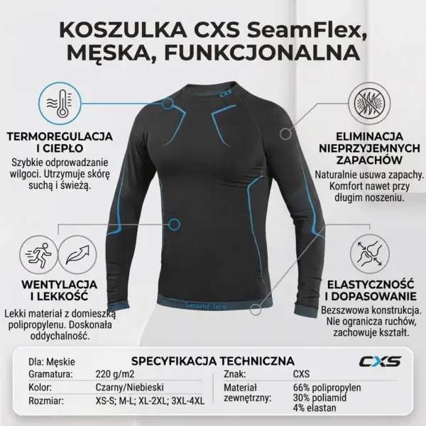 SEAMFLEX BLUZKA TERMO - czarna z niebieskimi szwami, widok z przodu na niewidocznym manekinie, zaprezentowana w formie infografiki z ikonami opisującymi właściwości oraz tabelą specyfikacji technicznej na dole - na jasnym tle