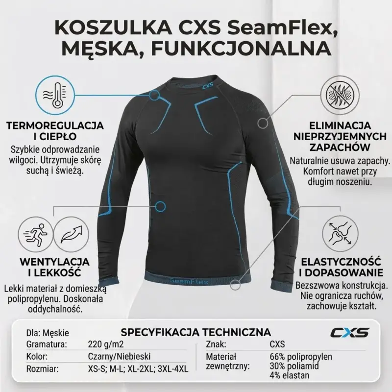 SEAMFLEX BLUZKA TERMO - czarna z niebieskimi szwami, widok z przodu na niewidocznym manekinie, zaprezentowana w formie infografiki z ikonami opisującymi właściwości oraz tabelą specyfikacji technicznej na dole - na jasnym tle