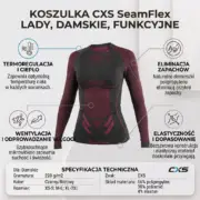 SEAMFLEX LADY BLUZKA TERMO - czarno-różowa odzież funkcyjna z długim rękawem, widok z przodu. Produkt otoczony jest okrągłymi ikonami i tekstami wskazującymi na termoregulację, wentylację, eliminację zapachów i elastyczność, poniżej widoczna tabela ze specyfikacją techniczną - grafika informacyjna na jasnym tle.