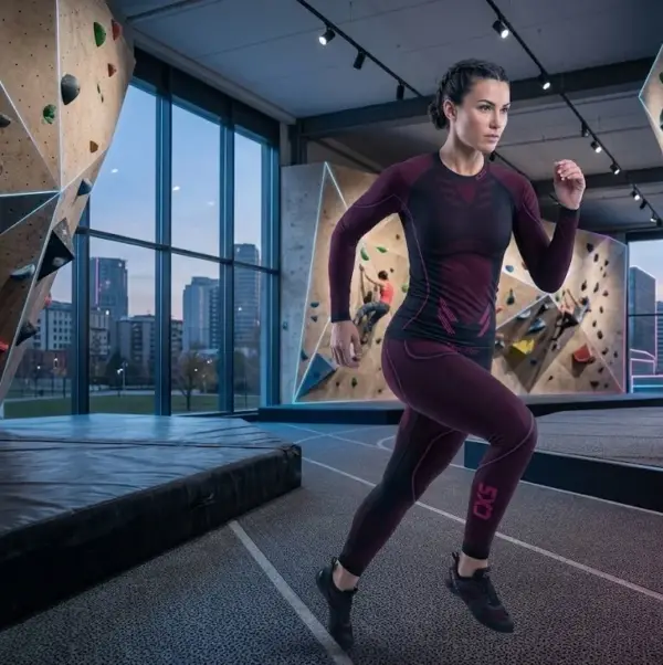 SEAMFLEX LADY BLUZKA TERMO - kobieta w dynamicznej pozie biegu, ubrana w bordowo-czarną odzież bazową z długim rękawem i widocznymi strefami bezszwowymi oraz dopasowane legginsy. W tle nowoczesna ścianka wspinaczkowa i duże okna z widokiem na miasto o zmroku.