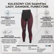 SEAMFLEX LADY SPODNIE TERMO - czarno-różowe legginsy w centrum infografiki z czterema ikonami opisującymi właściwości oraz tabelą specyfikacji technicznej na dole - grafika informacyjna na jasnym tle.