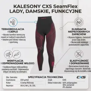 SEAMFLEX LADY SPODNIE TERMO - czarno-różowe legginsy w centrum infografiki z czterema ikonami opisującymi właściwości oraz tabelą specyfikacji technicznej na dole - grafika informacyjna na jasnym tle.