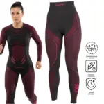 getry termiczne damskie cxs - czarno-bordowe, zaprezentowane z przodu na modelce w pełnym komplecie oraz jako osobny produkt obok, z widocznym różowym logo SeamFlex i CXS, po prawej stronie trzy ikony informacyjne - wycięte na białym tle studyjnym