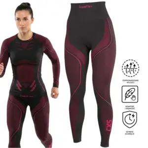 getry termiczne damskie cxs - czarno-bordowe, zaprezentowane z przodu na modelce w pełnym komplecie oraz jako osobny produkt obok, z widocznym różowym logo SeamFlex i CXS, po prawej stronie trzy ikony informacyjne - wycięte na białym tle studyjnym