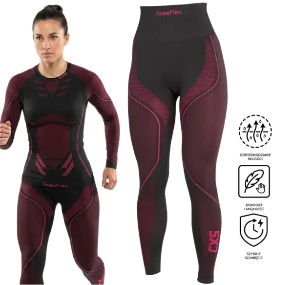 getry termiczne damskie cxs - czarno-bordowe, zaprezentowane z przodu na modelce w pełnym komplecie oraz jako osobny produkt obok, z widocznym różowym logo SeamFlex i CXS, po prawej stronie trzy ikony informacyjne - wycięte na białym tle studyjnym