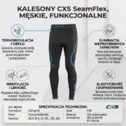 SEAMFLEX SPODNIE TERMO - czarne getry termoaktywne z niebieskimi wstawkami, widok z przodu na infografice z czterema ikonami cech i tabelą specyfikacji technicznej - na jasnym tle.