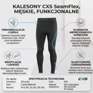 SEAMFLEX SPODNIE TERMO - czarne getry termoaktywne z niebieskimi wstawkami, widok z przodu na infografice z czterema ikonami cech i tabelą specyfikacji technicznej - na jasnym tle.