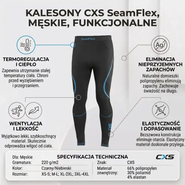 SEAMFLEX SPODNIE TERMO - czarne getry termoaktywne z niebieskimi wstawkami, widok z przodu na infografice z czterema ikonami cech i tabelą specyfikacji technicznej - na jasnym tle.