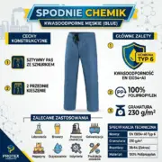 SPODNIE CHEMIK-KWASOODPORNE (M) - infografika prezentująca niebieskie spodnie ochronne z przodu, otoczone piktogramami i tekstami opisującymi cechy konstrukcyjne, zalety oraz zastosowania - na jasnym tle