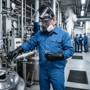 Niebieskie spodnie ochronne CHEMIK-KWASOODPORNE (M) jako część ubioru pracownika w masce, przyłbicy i czarnych rękawicach, trzymającego zlewkę przy zaworze. W tle hala przemysłowa ze stalowymi zbiornikami i innymi pracownikami.