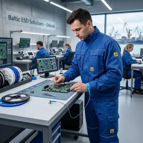 SPODNIE-ELEKTROTECHNIK II (M) - mężczyzna w niebieskim komplecie ochronnym z żółtymi piktogramami, pracujący pęsetą przy płycie głównej na macie ESD - nowoczesna hala produkcyjna z innymi pracownikami i oknem z widokiem na port