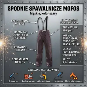 Trudnopalne spodnie MOFOS - infografika produktowa ukazująca szare spodnie z szelkami od przodu wraz ze strzałkami opisującymi detale konstrukcyjne, parametry materiału oraz ikonami zastosowań - na metalicznym tle z nitami i iskrami.