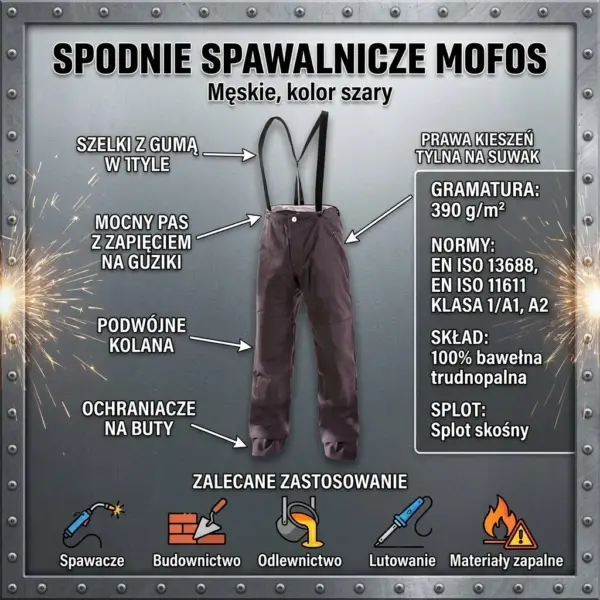 Trudnopalne spodnie MOFOS - infografika produktowa ukazująca szare spodnie z szelkami od przodu wraz ze strzałkami opisującymi detale konstrukcyjne, parametry materiału oraz ikonami zastosowań - na metalicznym tle z nitami i iskrami.