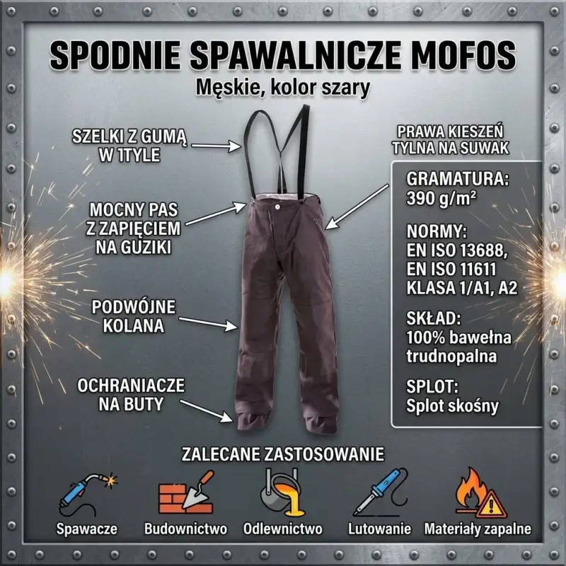 Trudnopalne spodnie MOFOS - infografika produktowa ukazująca szare spodnie z szelkami od przodu wraz ze strzałkami opisującymi detale konstrukcyjne, parametry materiału oraz ikonami zastosowań - na metalicznym tle z nitami i iskrami.