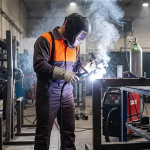 Spodnie robocze MOFOS - profil boczny mężczyzny w ciemnoszarych spodniach, pomarańczowo-granatowej bluzie i przyłbicy, aktywnie spawającego stalowy profil, widoczne rozbłyski i gęsty dym - na tle stanowiska spawalniczego w hali produkcyjnej.