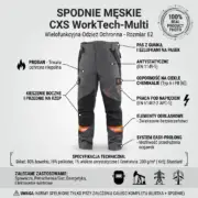 Spodnie ochronne CXS WorkTech-Multi - infografika prezentująca przód szaro-czarnych spodni z pomarańczowymi odblaskami i czarnymi wstawkami, otoczona liniami wskazującymi cechy techniczne oraz ikonami zastosowań na dole - wycięte na jasnoszarym tle studyjnym.