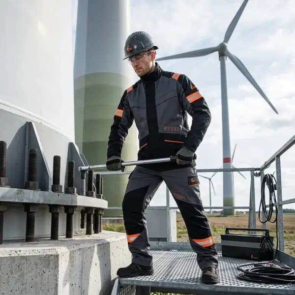 Spodnie ochronne CXS WorkTech-Multi - pracownik w szaro-czarnym uniformie z pomarańczowymi elementami odblaskowymi, stojący na metalowej platformie i dokręcający śrubę długim kluczem - w tle podstawa turbiny wiatrowej i wiatraki na polu