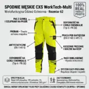 Wielofunkcyjne spodnie ochronne CXS WorkTech-Multi - żółto-czarne z szelkami, widok z przodu w formie infografiki ze wskaźnikami opisującymi właściwości materiału, normy bezpieczeństwa oraz detale konstrukcyjne, na dole tabele ze specyfikacją i zastosowaniem - wycięte na jasnoszarym tle studyjnym.