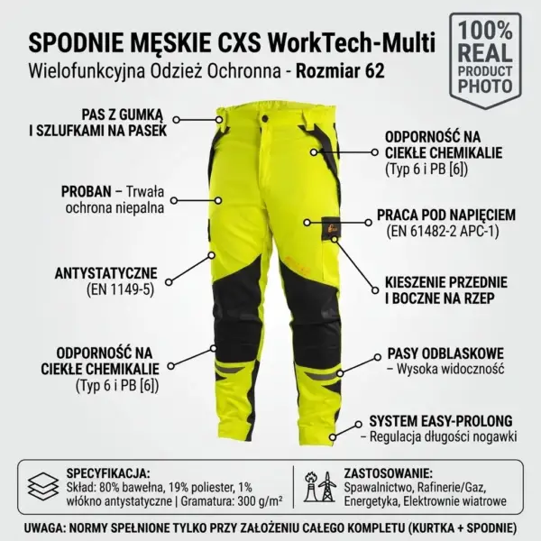 Wielofunkcyjne spodnie ochronne CXS WorkTech-Multi - żółto-czarne z szelkami, widok z przodu w formie infografiki ze wskaźnikami opisującymi właściwości materiału, normy bezpieczeństwa oraz detale konstrukcyjne, na dole tabele ze specyfikacją i zastosowaniem - wycięte na jasnoszarym tle studyjnym.