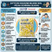 Zatyczki jednorazowe Bilsom 200 par - infografika produktowa z przezroczystym workiem pełnym żółto-białych stoperów w centrum, otoczona listą cech z ikonami po lewej, obrazkową instrukcją zakładania po prawej oraz parametrami tłumienia na dole - na jasnoniebieskim tle z technicznymi grafikami.