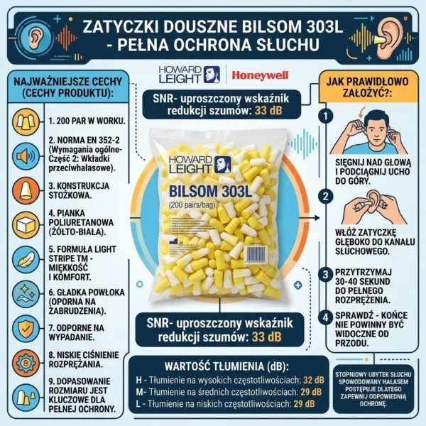Zatyczki jednorazowe Bilsom 200 par - infografika produktowa z przezroczystym workiem pełnym żółto-białych stoperów w centrum, otoczona listą cech z ikonami po lewej, obrazkową instrukcją zakładania po prawej oraz parametrami tłumienia na dole - na jasnoniebieskim tle z technicznymi grafikami.