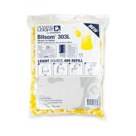 Zatyczki jednorazowe Bilsom 303L w dużej, przezroczystej torbie foliowej z etykietą Leight Source 400 Refill i obrazkową instrukcją, wewnątrz widać żółto-białe piankowe wkładki, wycięte na białym tle studyjnym.