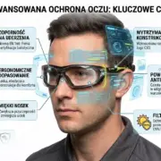 Przezroczyste okulary robocze CXS MARGAY - założone na twarz modela z nałożoną infografiką w stylu futurystycznego interfejsu HUD, wskazującą sześć kluczowych cech produktu (m.in. odporność na uderzenia, powłoka anti-fog, filtr UV) - wycięte na białym tle studyjnym.